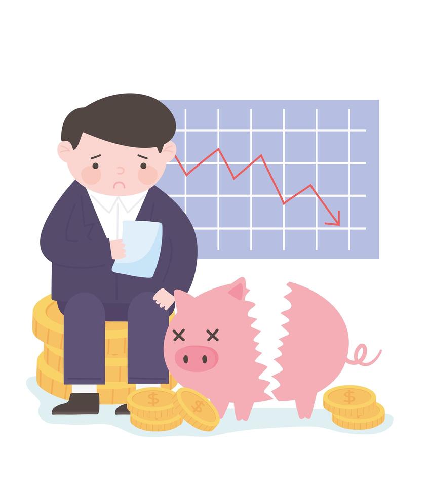 bankruptcy businessman graph stock falls craft piggy bank coins business financial crisis vector