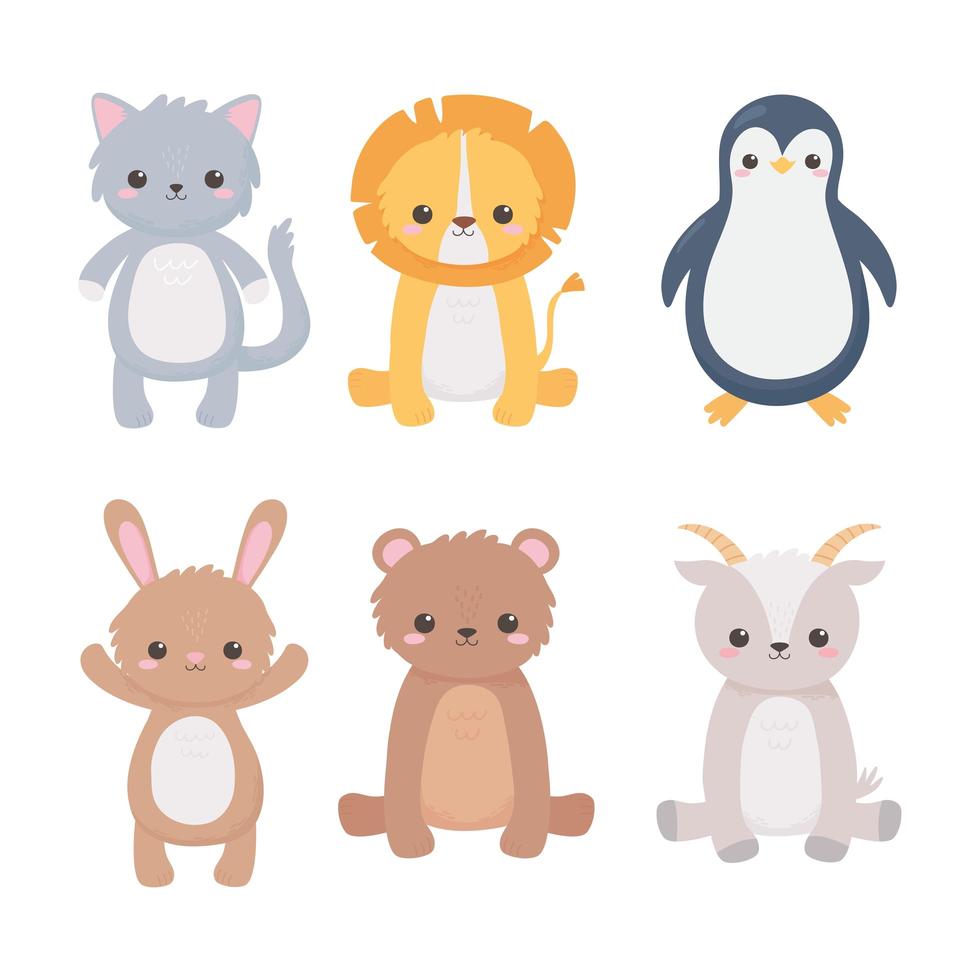 lindo león pingüino gatos oso conejo cabra divertidos dibujos animados animales vector