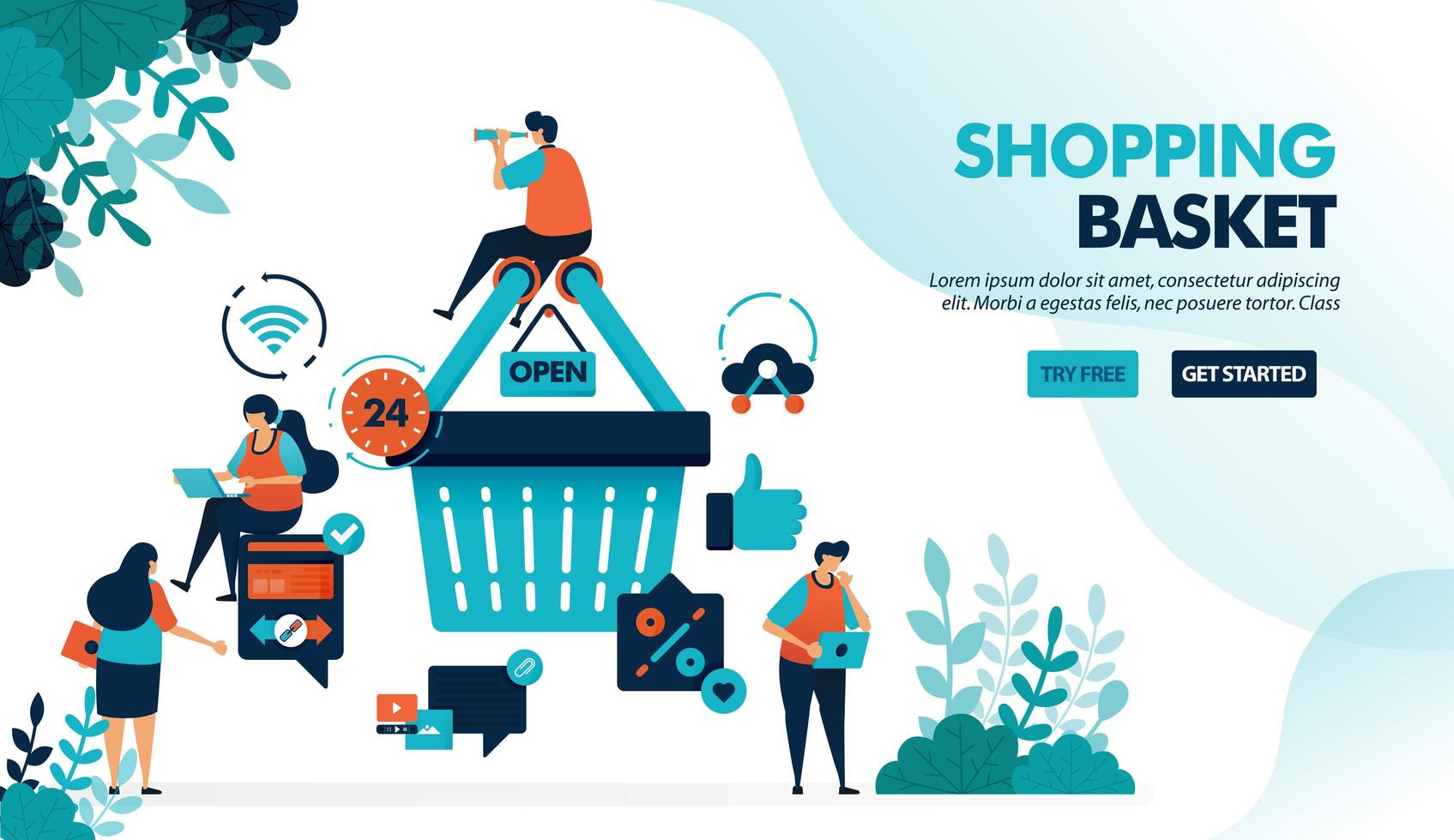 People are around shopping basket to get promos and discounts. User satisfaction level with thumb and love. Flat vector illustration for landing page, web, website, banner, mobile apps, flyer, poster