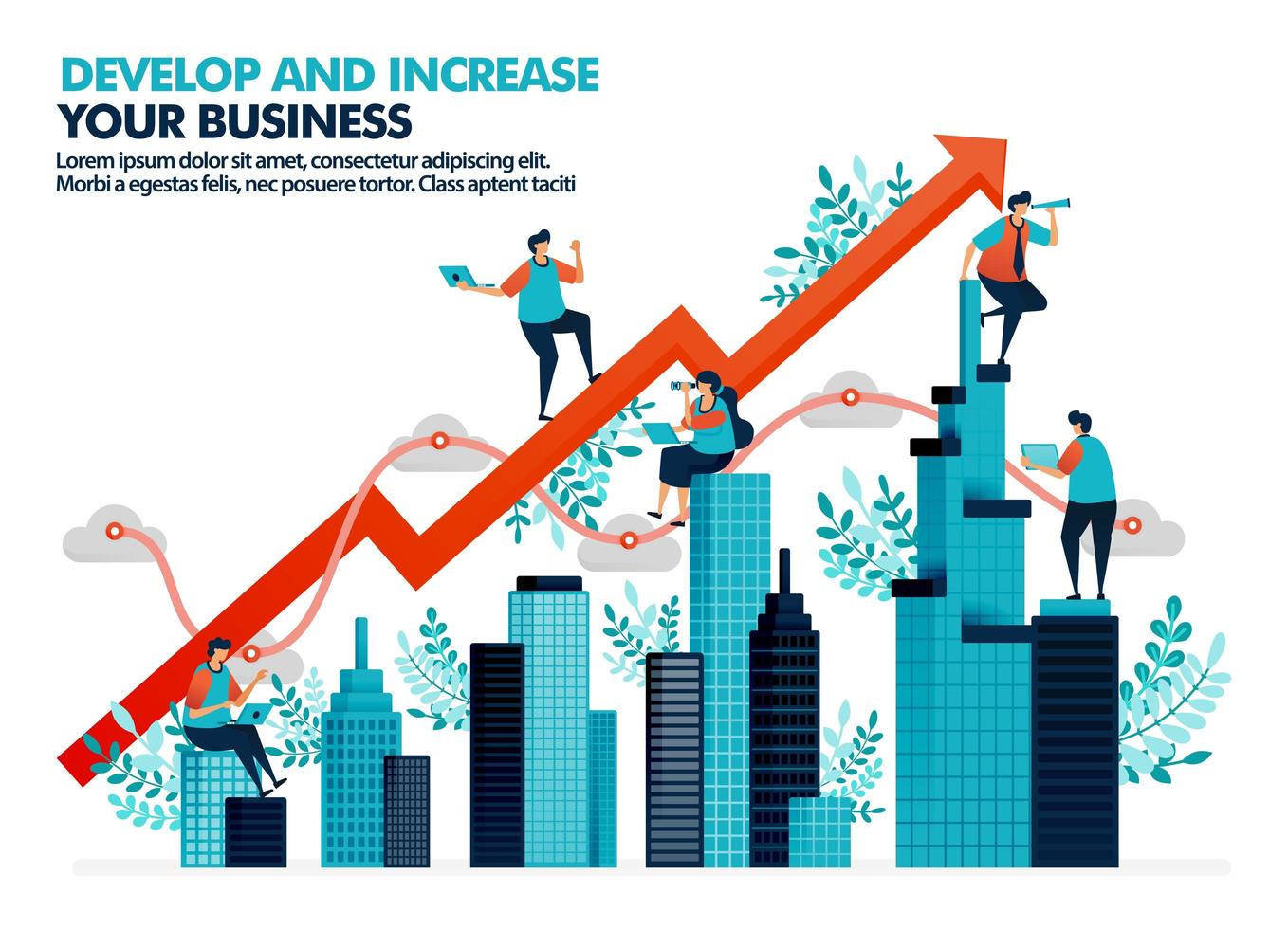 Vector illustration of improve business performance by investment in real estate. Significant business growth with statistics and charts. Develop company building asset. For landing page, web, poster