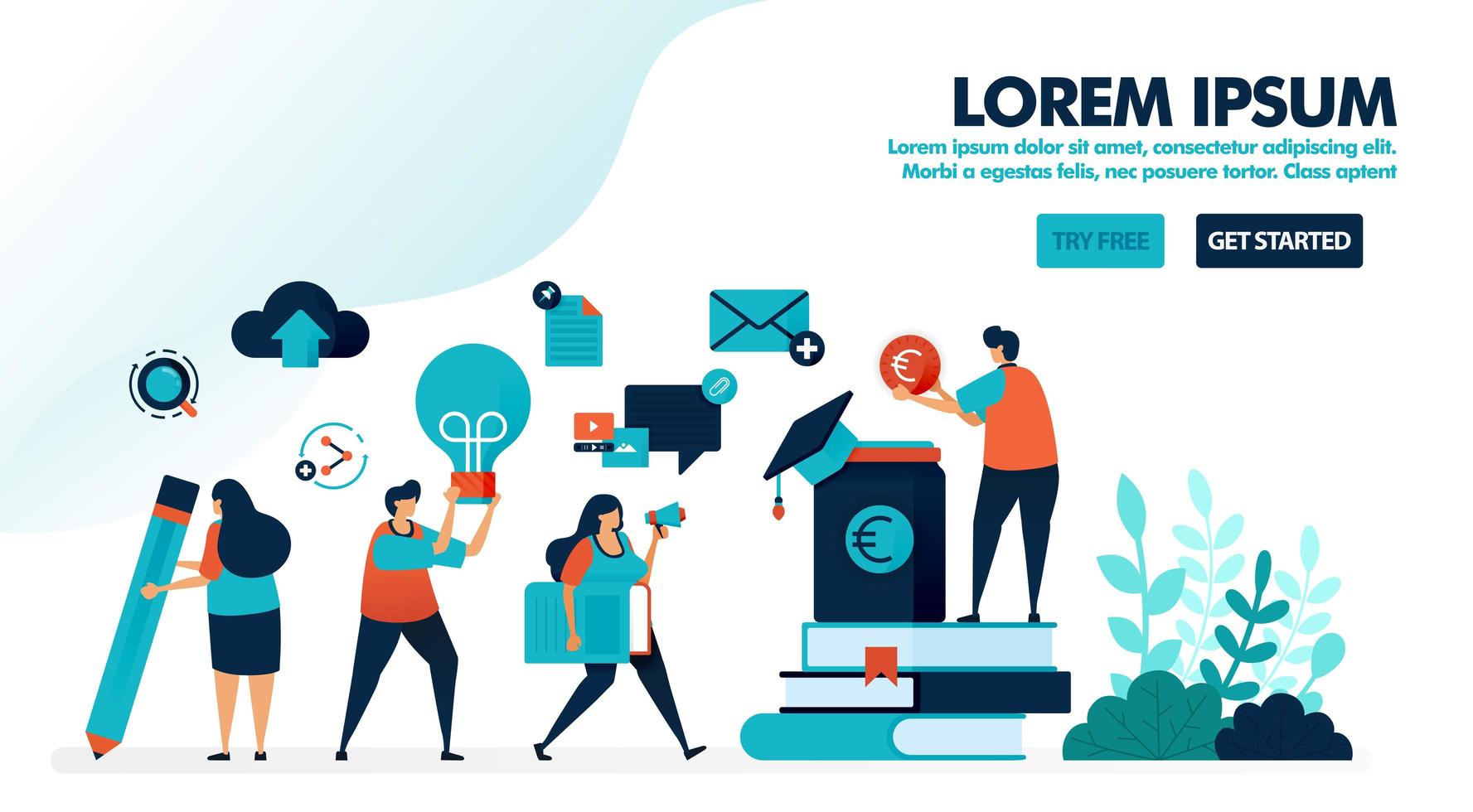 Collect and save money for education and scholarship program. Stack of book for learning and ideas. Flat vector illustration for landing page, web, website, banner, mobile apps, flyer, poster, ui