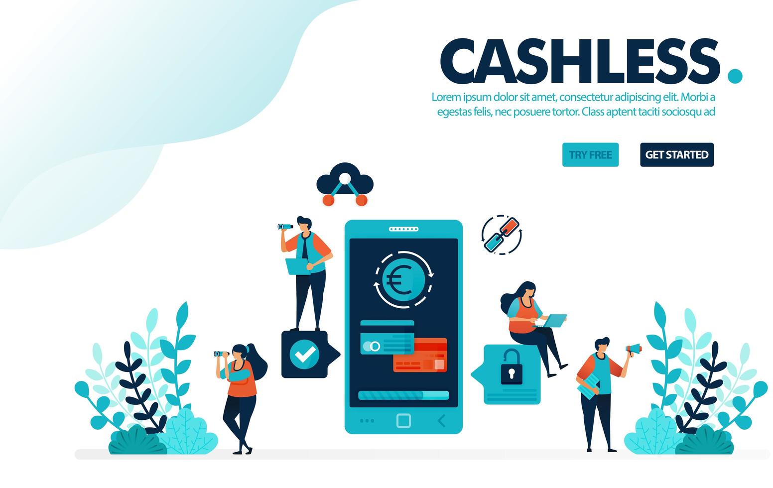 Vector illustration cashless society payment. People transactions