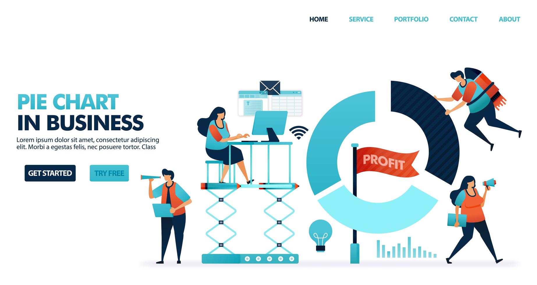 gráfico circular para informes comerciales. informe de beneficios de la empresa. la gente trabaja con gráficos circulares. beneficios al progreso empresarial. dirigir un negocio inteligente. Ilustración humana para sitio web, aplicaciones móviles, póster. vector