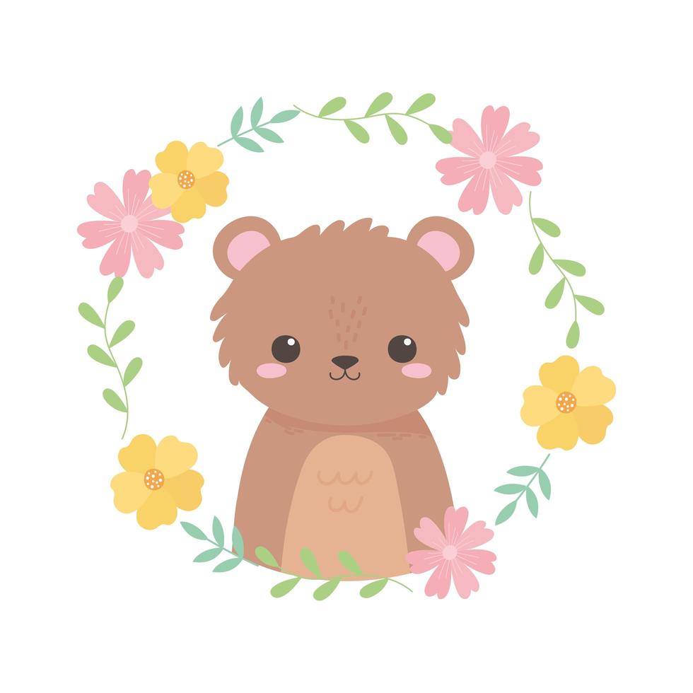 pequeño oso lindo guirnalda flores follaje animal de dibujos animados vector