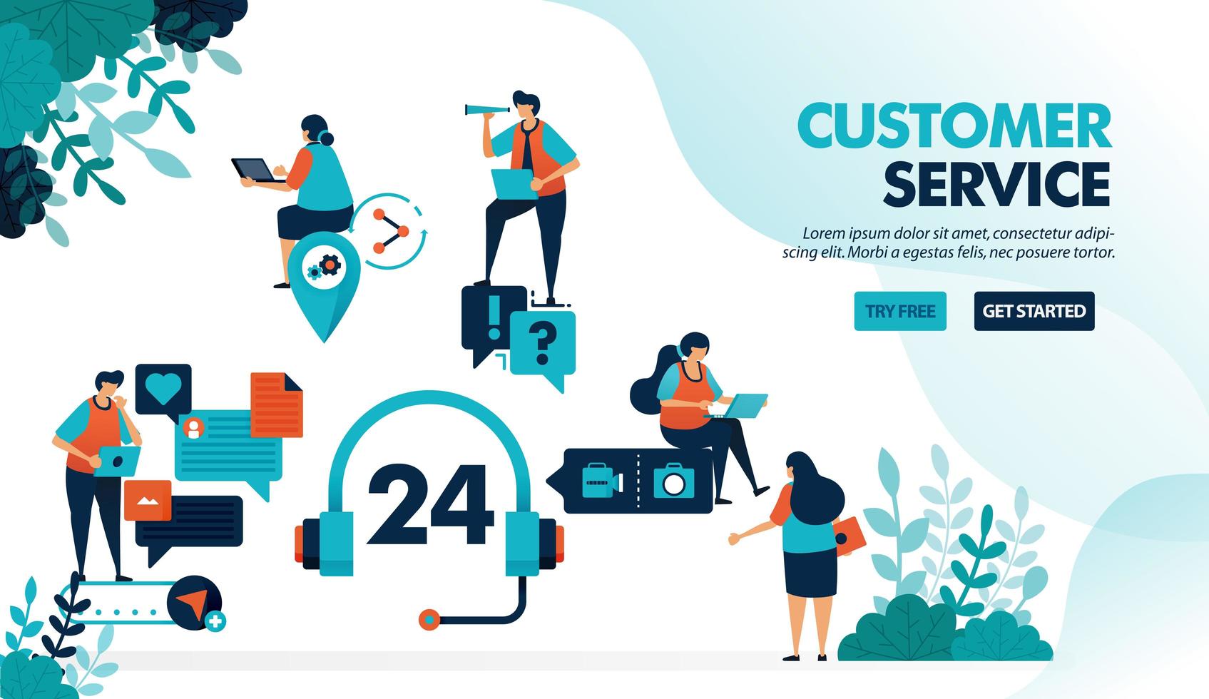 Servicio al cliente las 24 horas para ayudar a los usuarios a resolver problemas. El servicio de chat ayuda a hacer preguntas con problemas técnicos. ilustración vectorial plana para página de destino, web, sitio web, banner, aplicaciones móviles, folleto, cartel vector