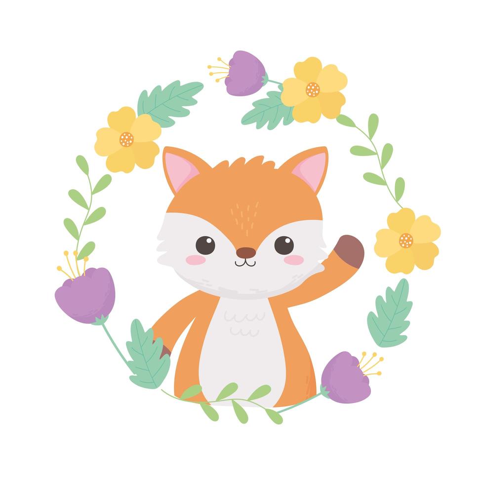 little fox wreath flowers leaves cartoon animal vector