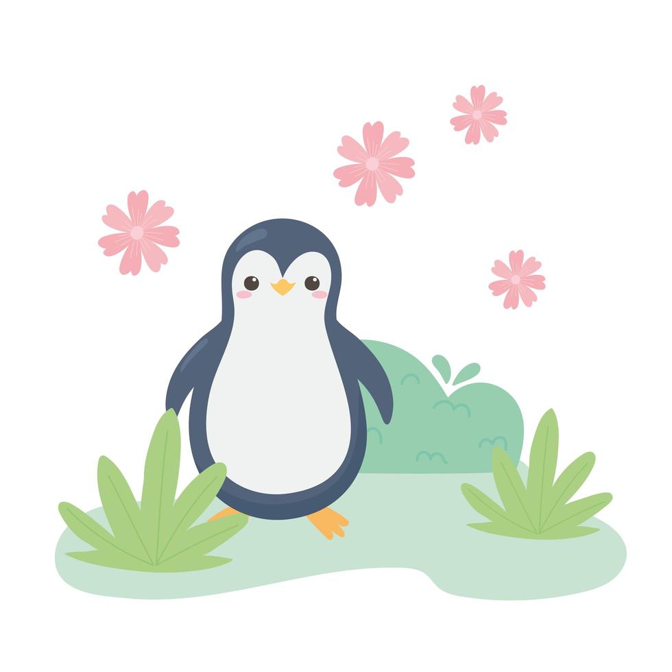 lindo pingüino flores hierba animal de dibujos animados vector