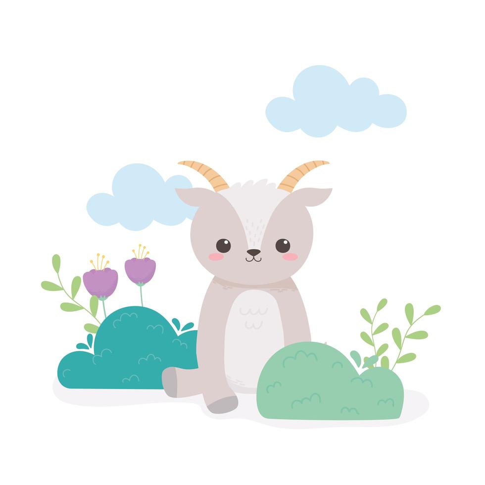 little goat sitting with flowers foliage leaves cartoon animal vector