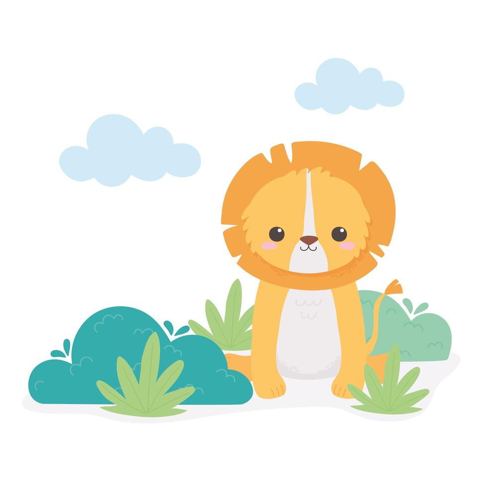 lindo pequeño león deja follaje animales de dibujos animados en un paisaje natural vector