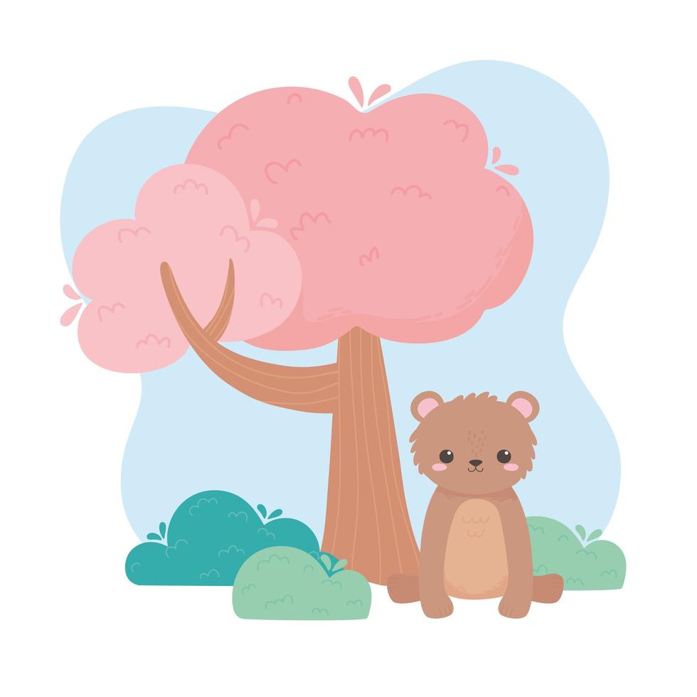 lindo osito sentado árbol animales de dibujos animados en un paisaje natural vector