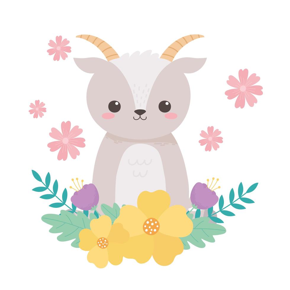 little cute goat flowers leaves foliage cartoon animals vector