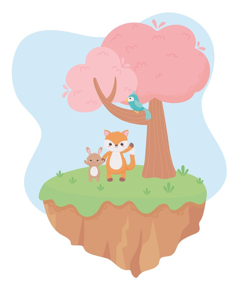 lindo pequeño zorro conejo y loro en rama árbol hierba animales de dibujos animados en un paisaje natural vector