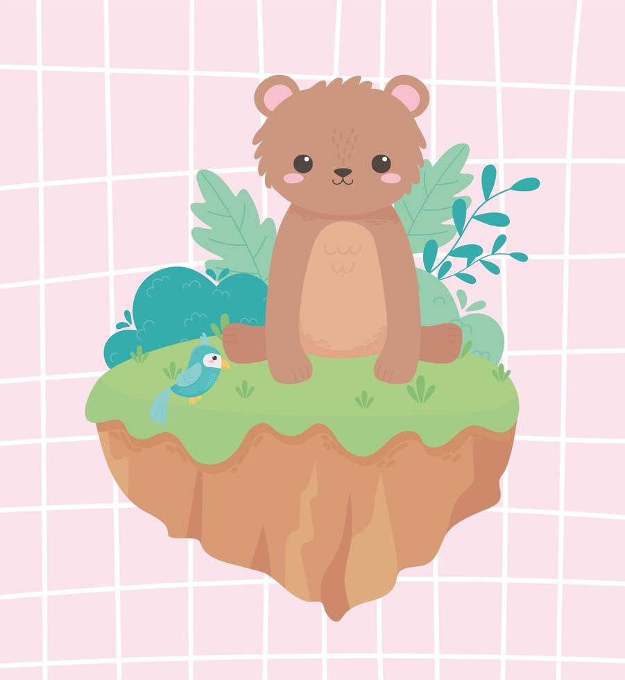 cute little bear sitting with parrot foliage leaves cartoon animals in a natural landscape vector