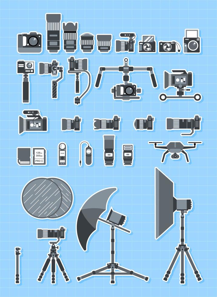 Camera icon set side view of photo equipments vector