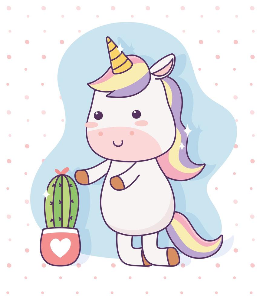 unicornio con cactus en maceta dibujos animados fantasía mágica vector