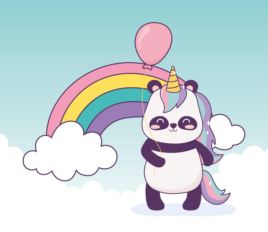 panda con unicornio y globo de dibujos animados de decoración de arco iris vector