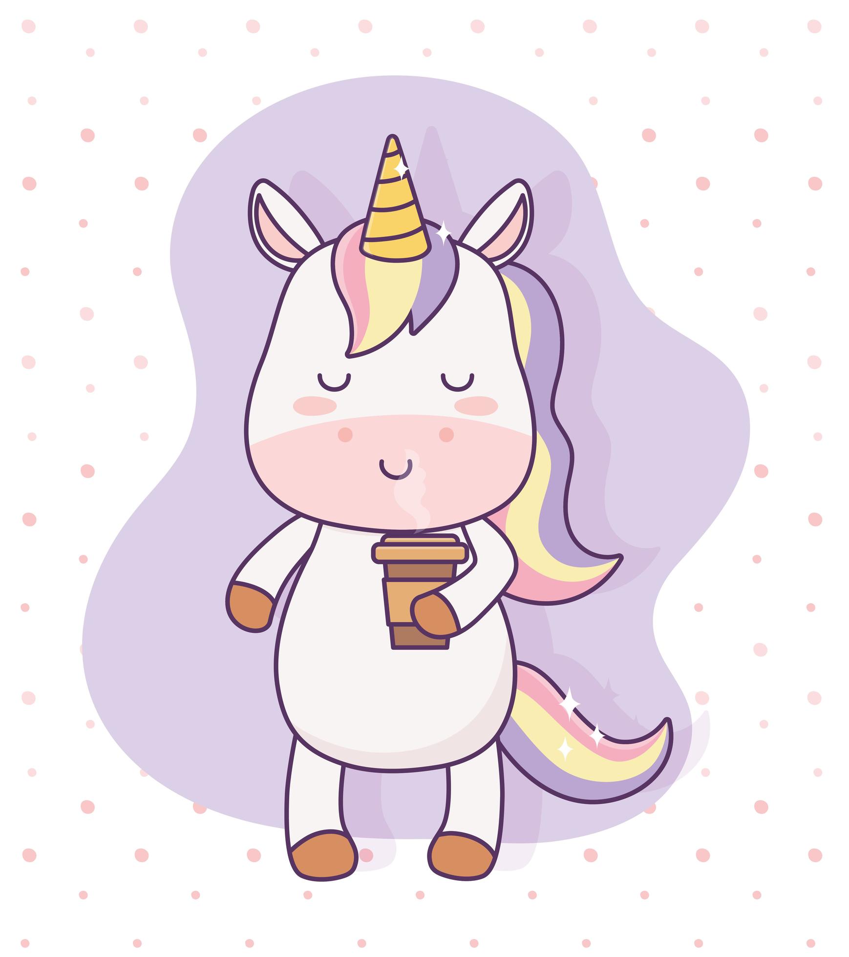 Kawaii Unicorn With Coffee Cup Cartoon Character Magical Fantasy