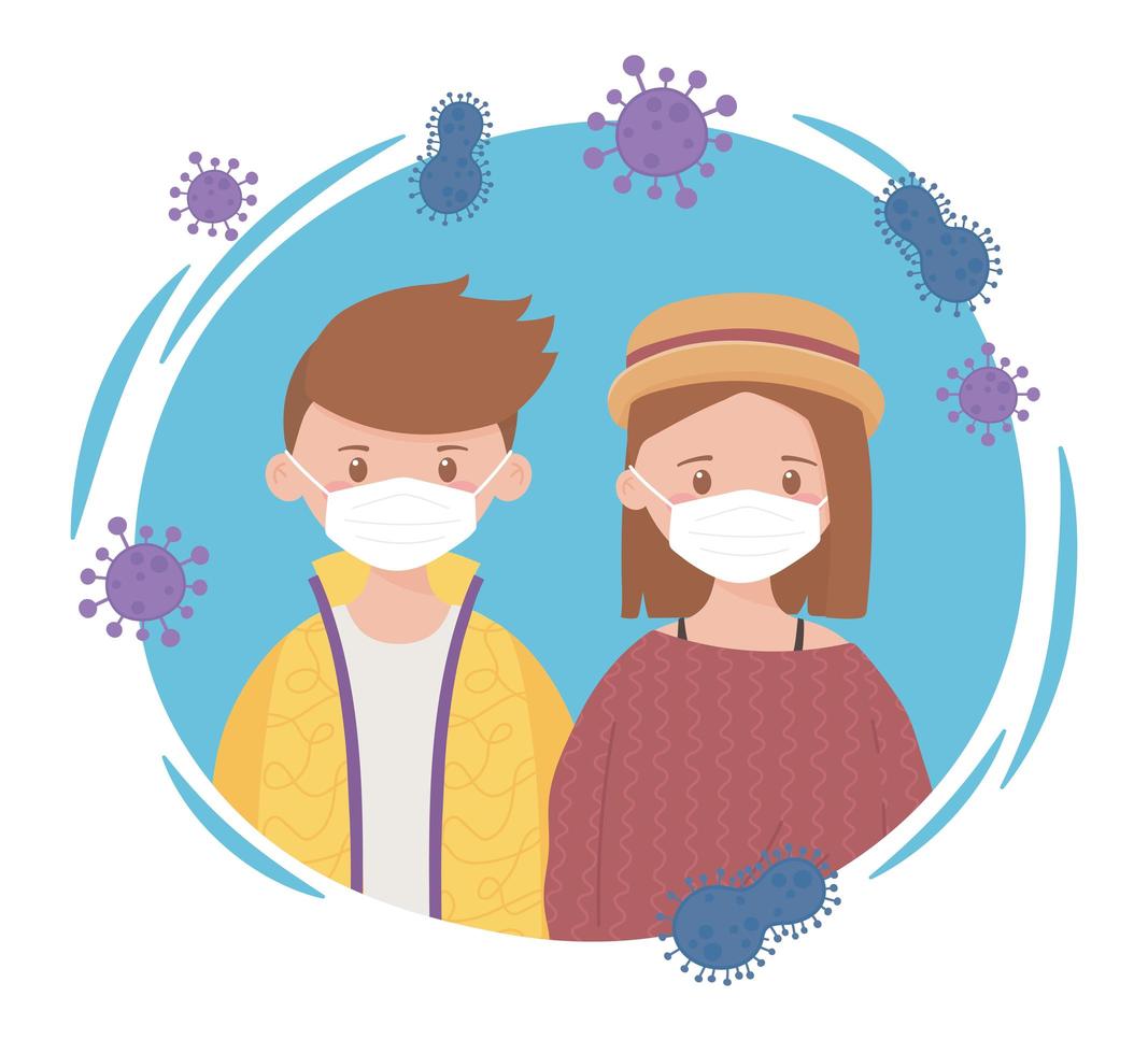 niño y niña con máscara protectora, prevención de la propagación del coronavirus covid 19 vector