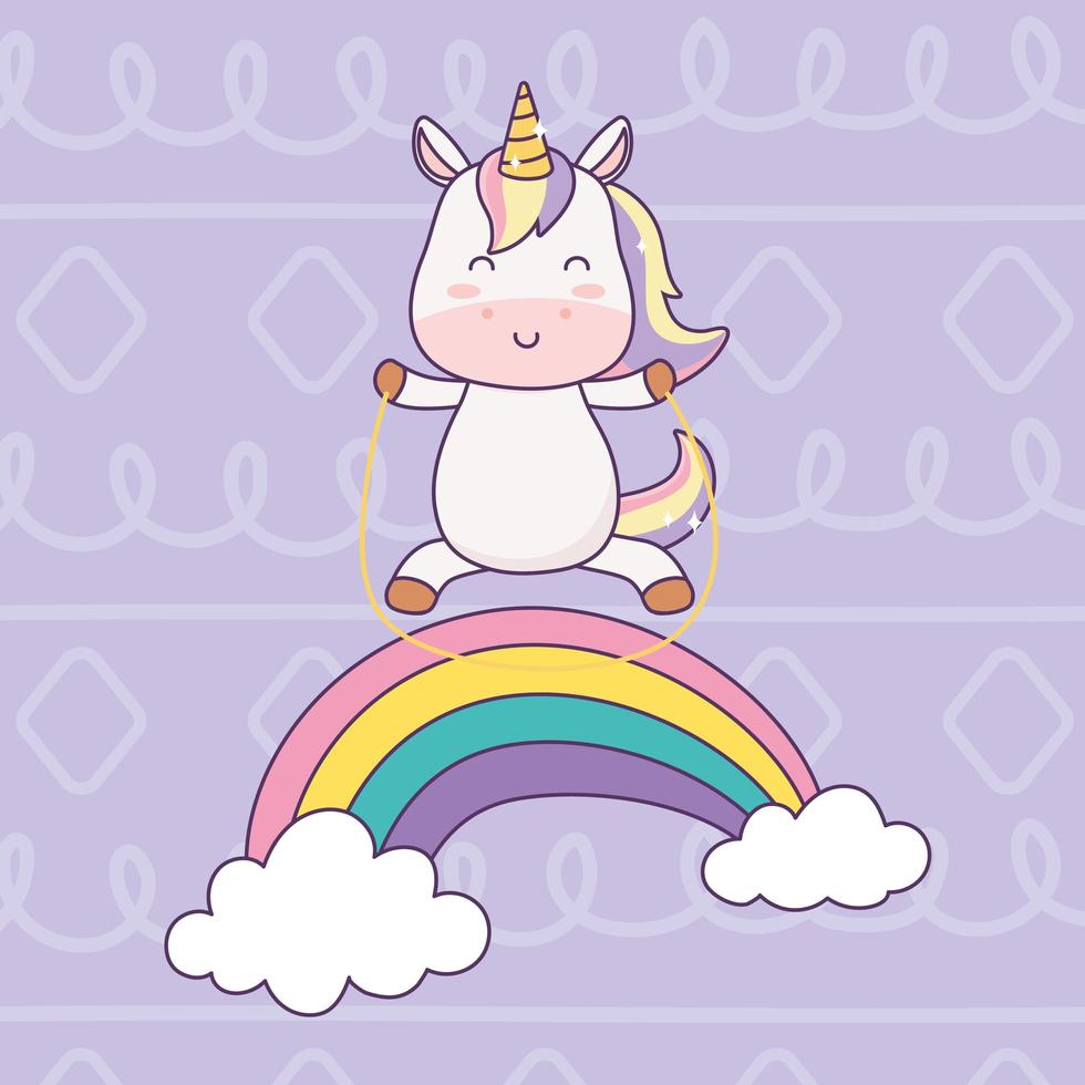 unicornio kawaii jugando con cuerda en arco iris personaje de dibujos animados fantasía mágica vector