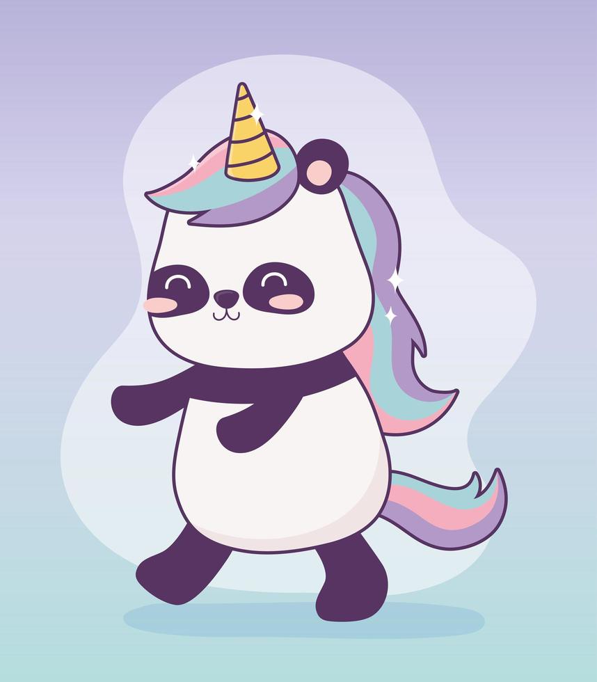 panda kawaii con disfraz unicornio personaje de dibujos animados fantasía mágica vector