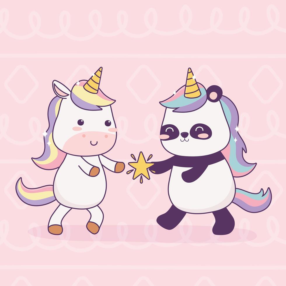 unicorn and panda with star cartoon magical fantasy vector