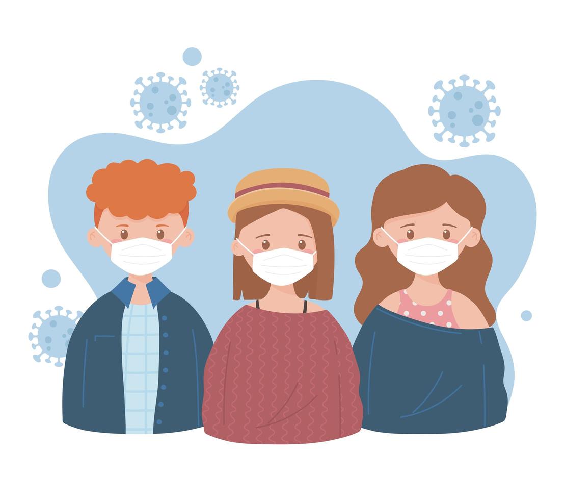 girls and boy with medical mask, prevention recommendation, coronavirus covid 19 vector
