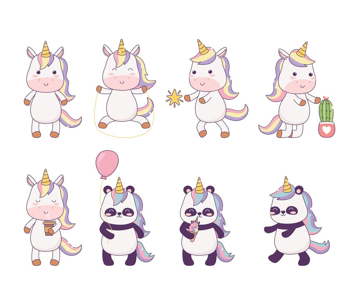 kawaii pequeños unicornios y panda con personaje de dibujos animados  fantasía mágica 1827607 Vector en Vecteezy