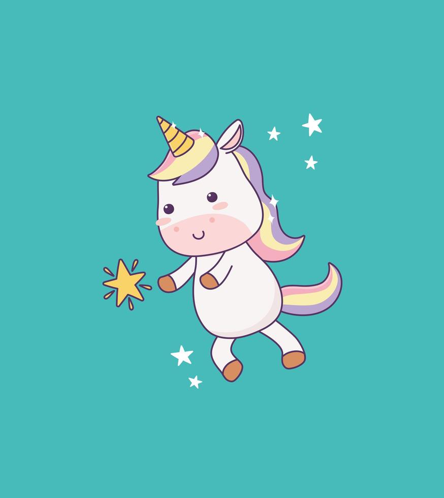 kawaii pequeño unicornio estrella personaje de dibujos animados mágico fantasía vector