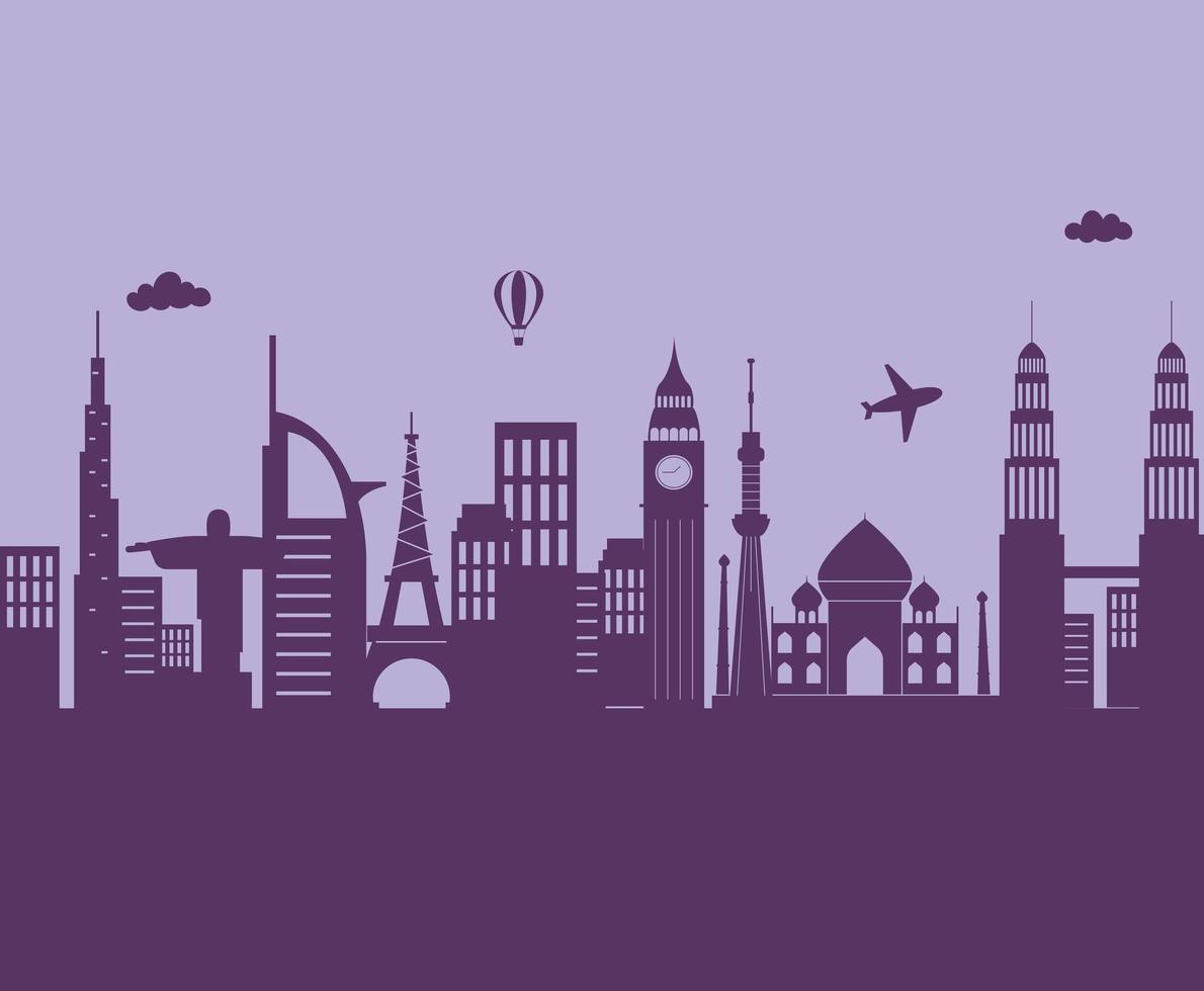 skyline city airplane air balloon architecture urban scene silhouette vector