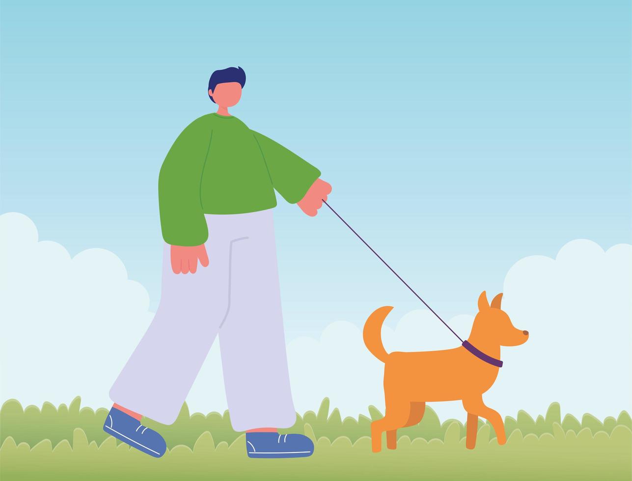 young man with dog walking vector