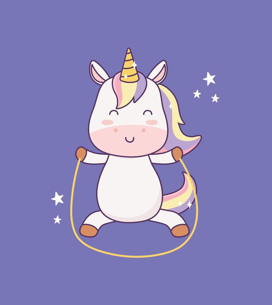 kawaii little unicorn with jump rope cartoon character magical fantasy vector