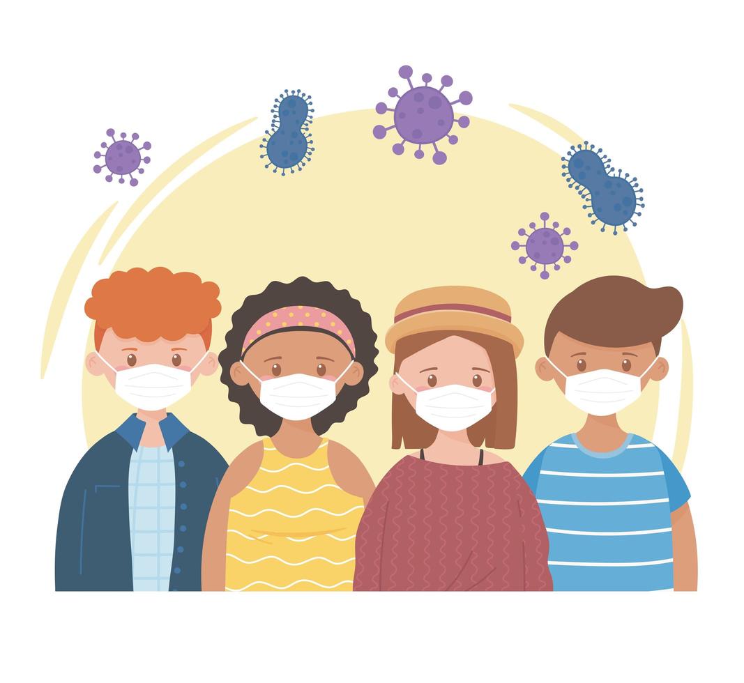 grupo de jóvenes con máscaras protectoras personajes, coronavirus pandemia covid 19 vector