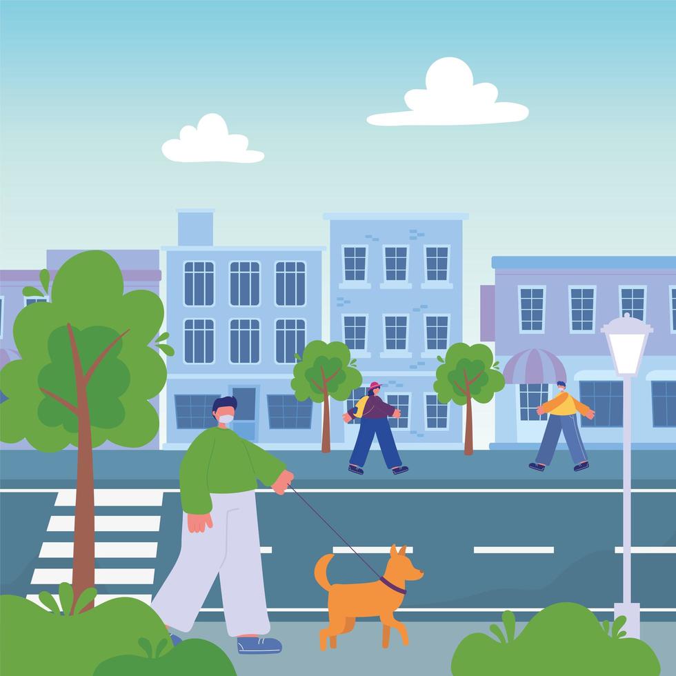 people walking on the street with cityscape, man with dog girl vector