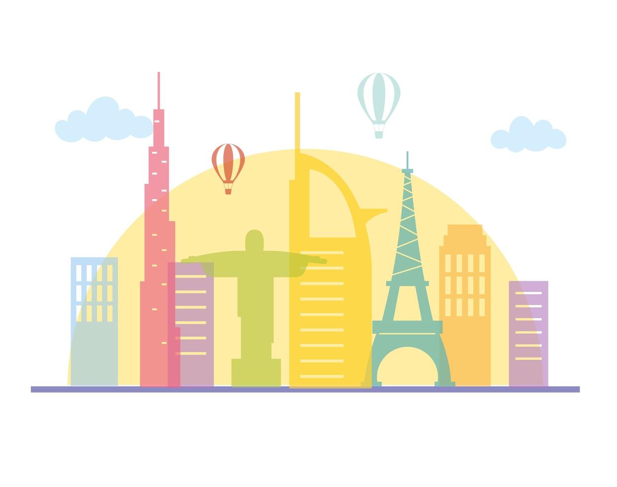 world famous monuments air balloons skyline architecture urban city vector