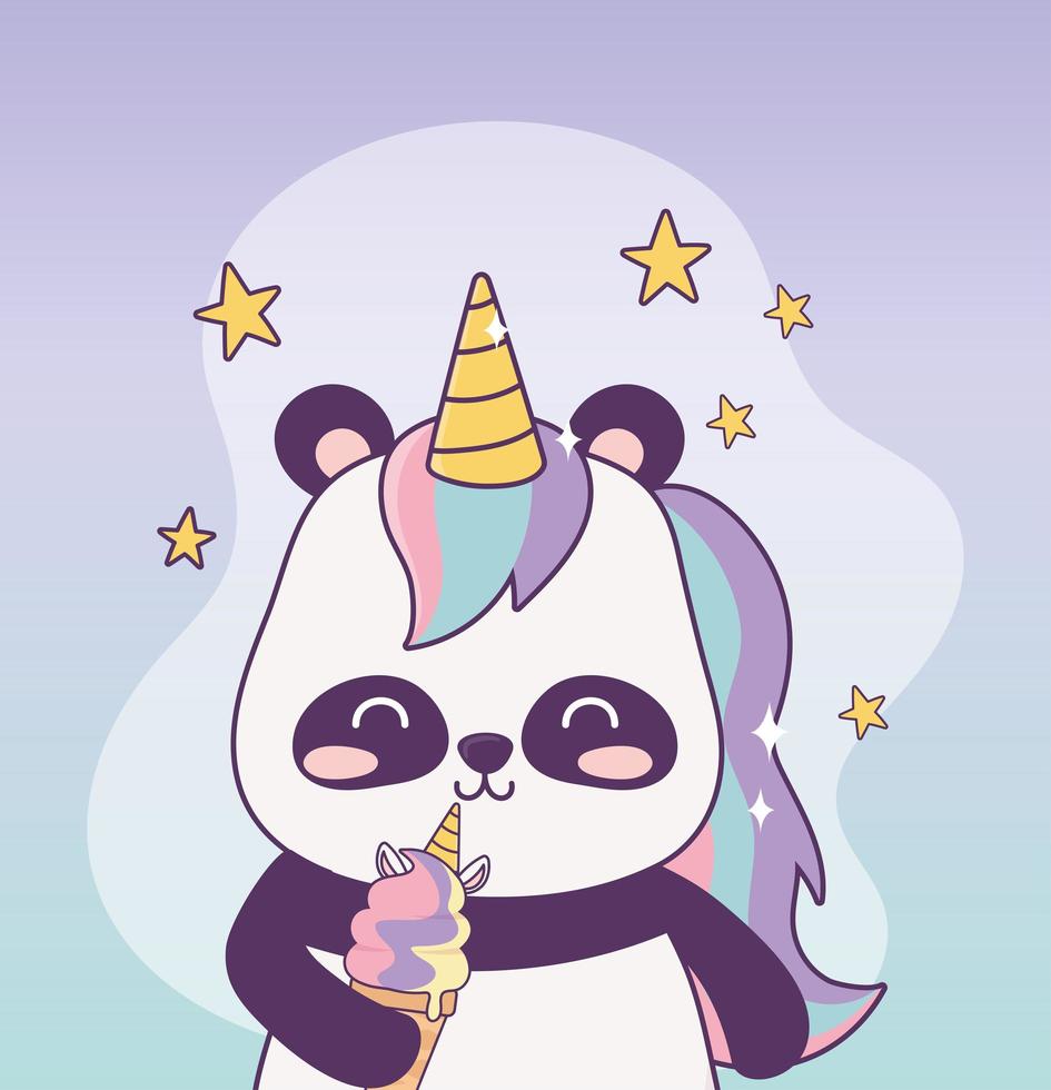 kawaii panda con unicornio helado personaje de dibujos animados fantasía mágica vector