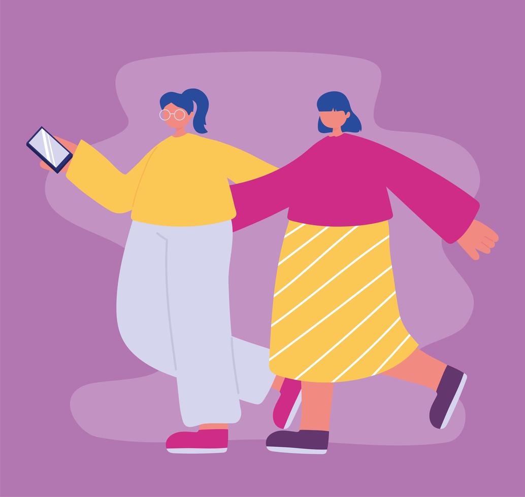 two girls walking with mobile in hand vector