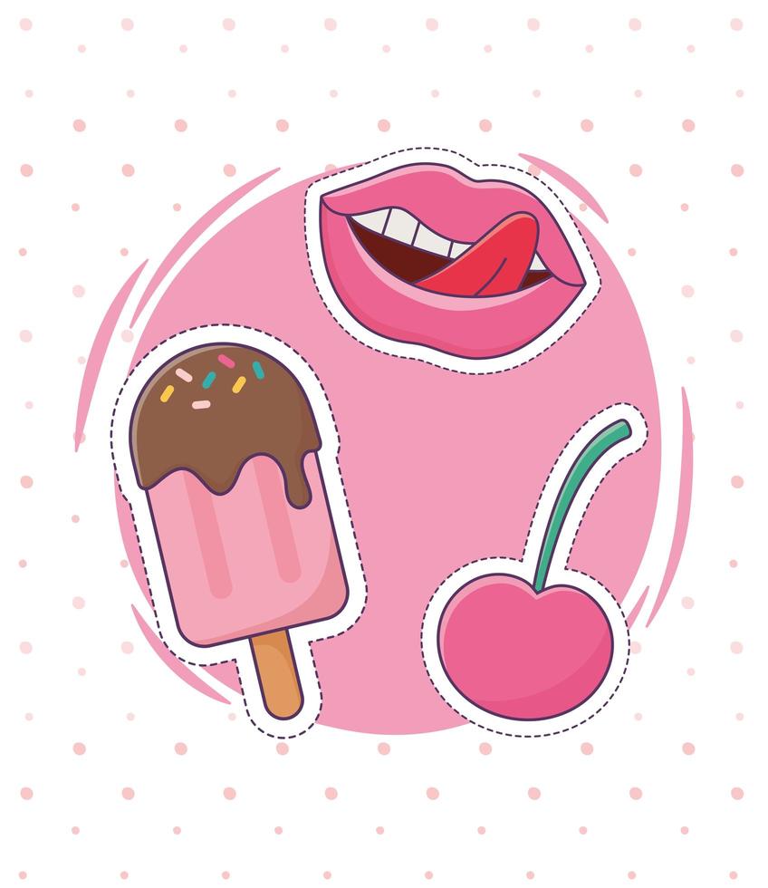 lips ice cream and cherry patch fashion badge sticker decoration icon vector