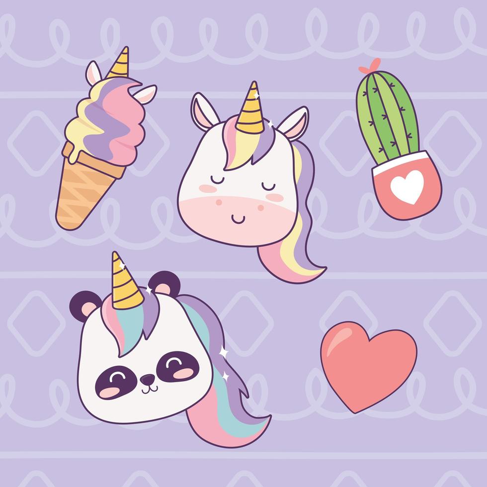 kawaii unicornios panda y helado dibujos animados fantasía mágica vector