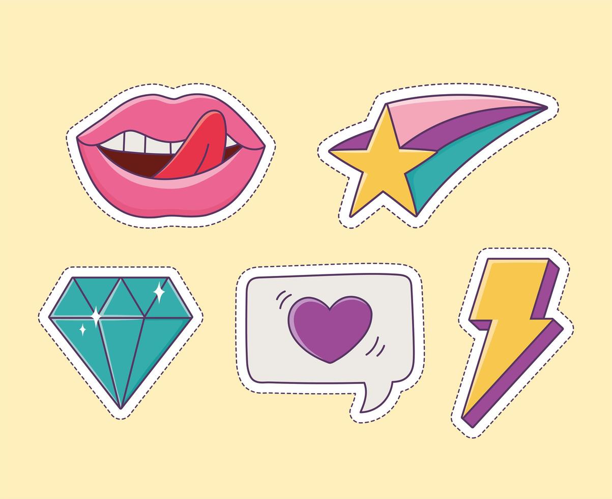 lips star diamond love patch fashion decoration icon vector