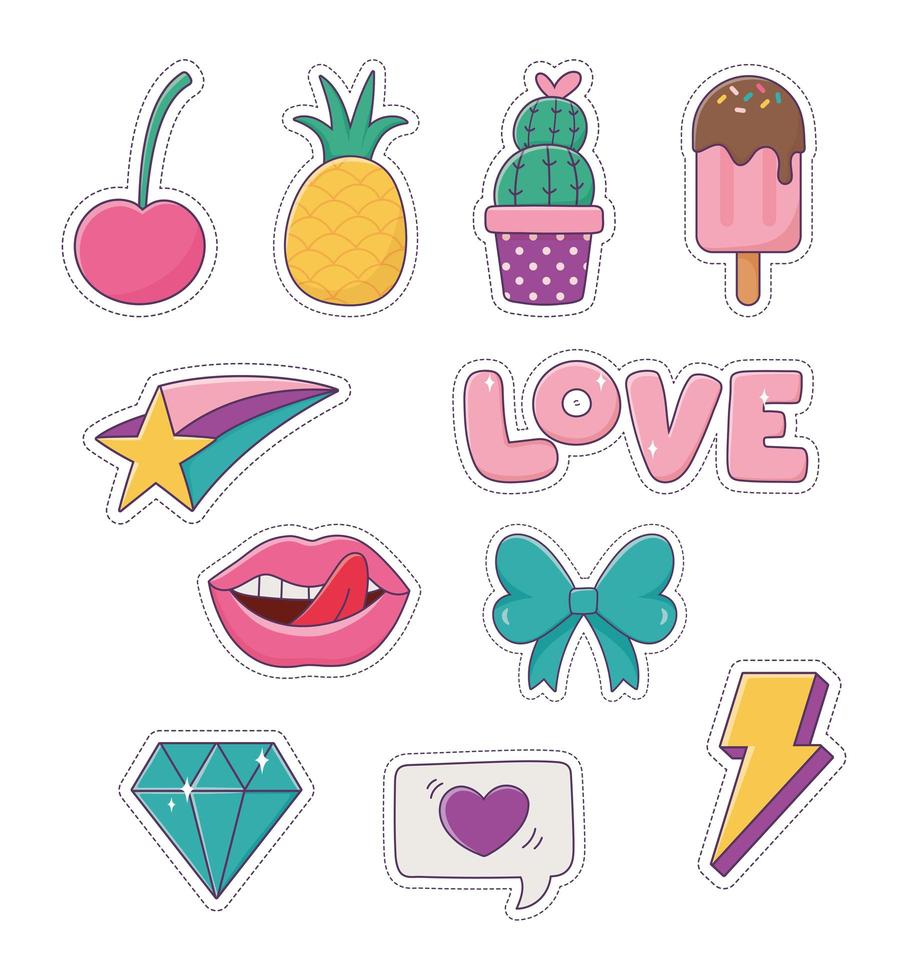 patches pineapple ice cream cactus bow lips diamond love fashion badge sticker decoration icons vector