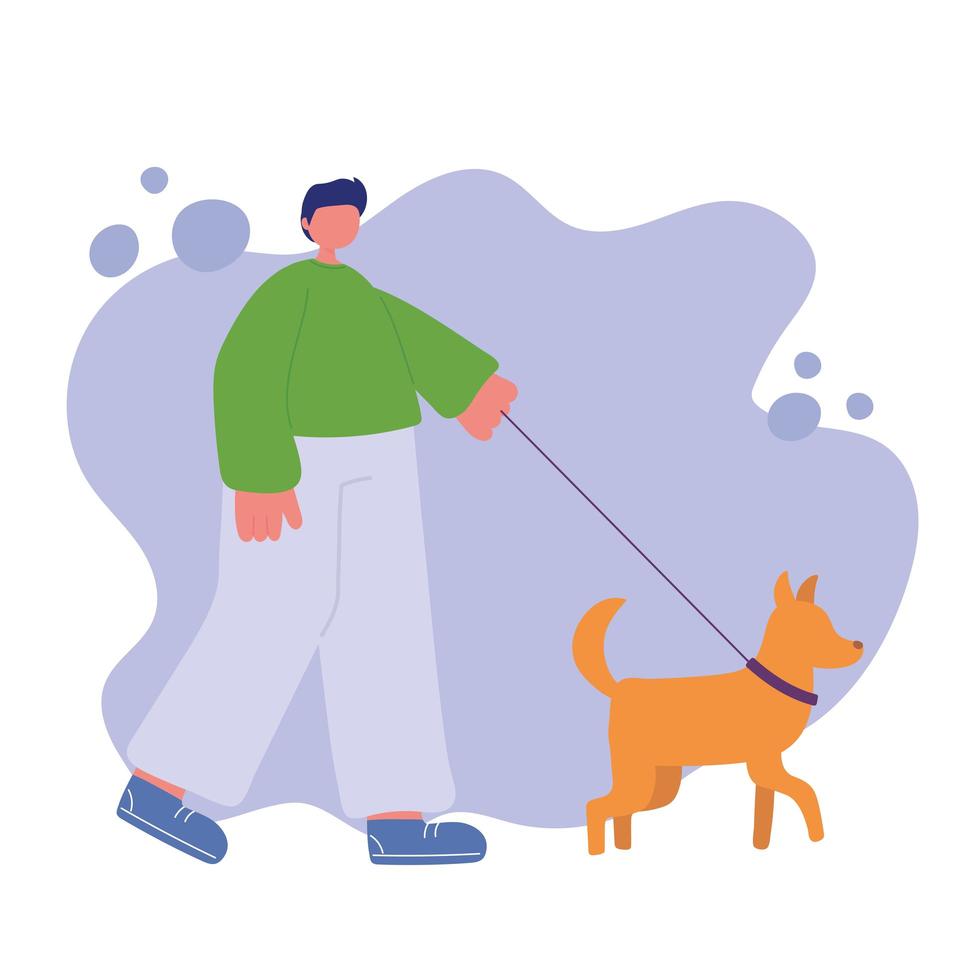 young man is walking with dog on a leash vector