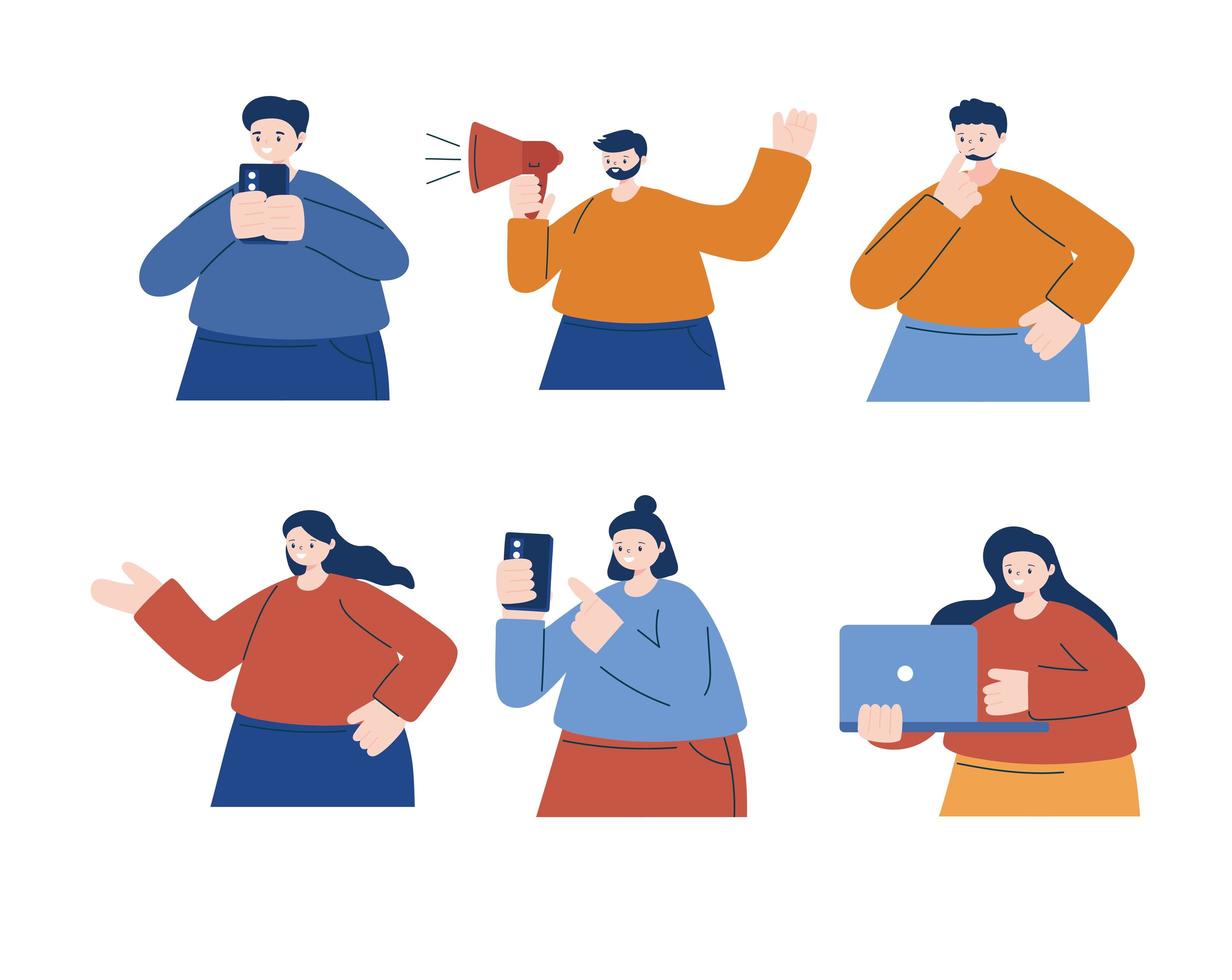 Men and women with laptop smartphone and megaphone vector design