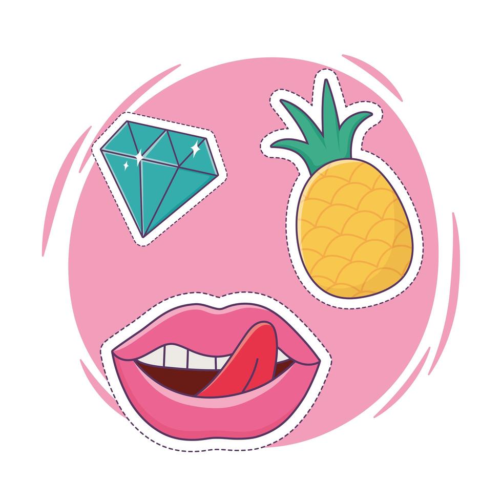 lips pineapple and diamond patch decoration icon vector