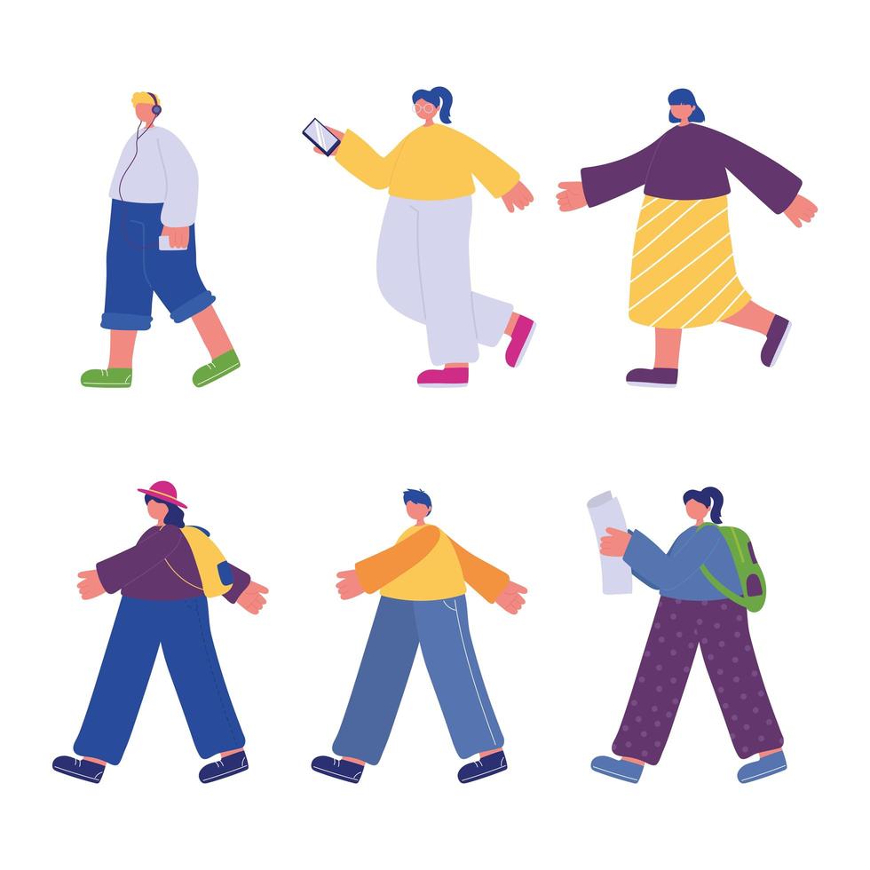 people walking, characters with smartphone backpack and listening music vector