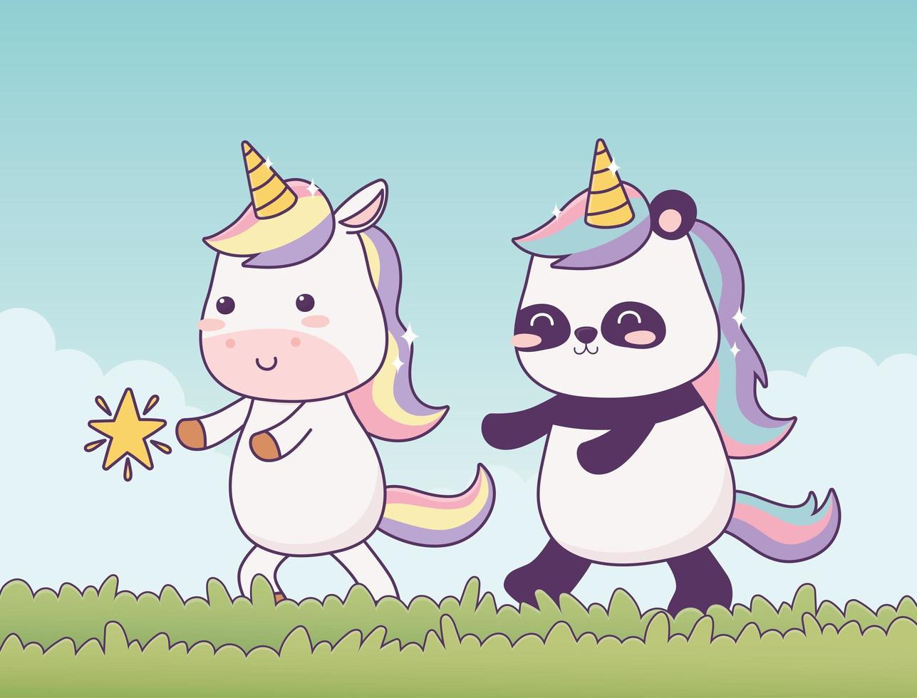 Unicornio kawaii y panda en la hierba con personaje de dibujos animados de estrellas fantasía mágica vector