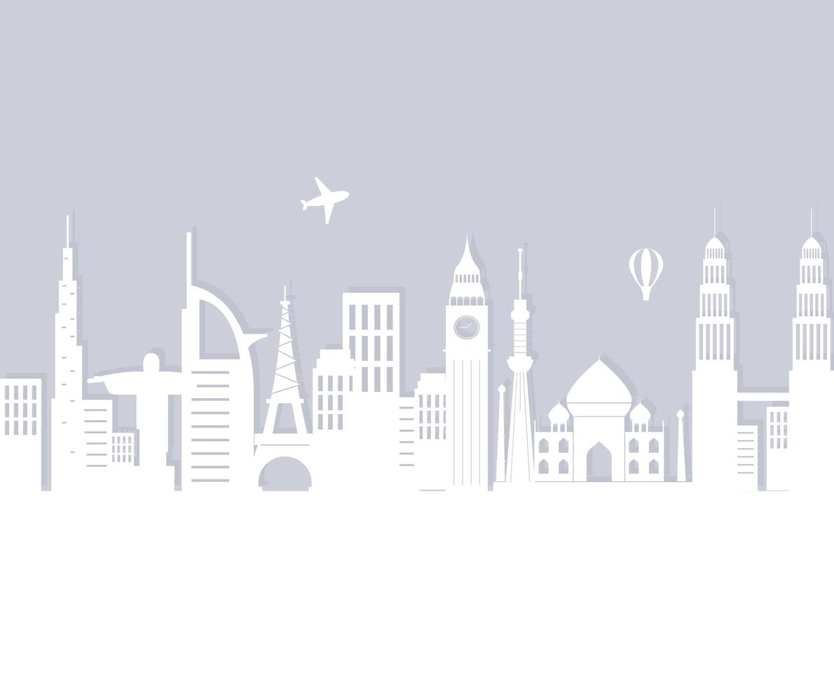skyline landmarks air balloon and airplane architecture city silhouette vector
