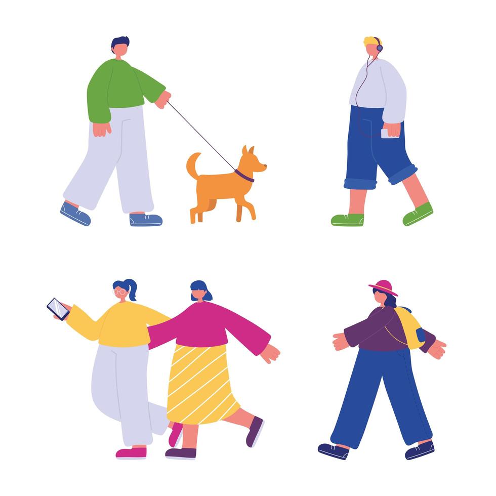 gente caminando, personajes con mochila para smartphone y perro. vector