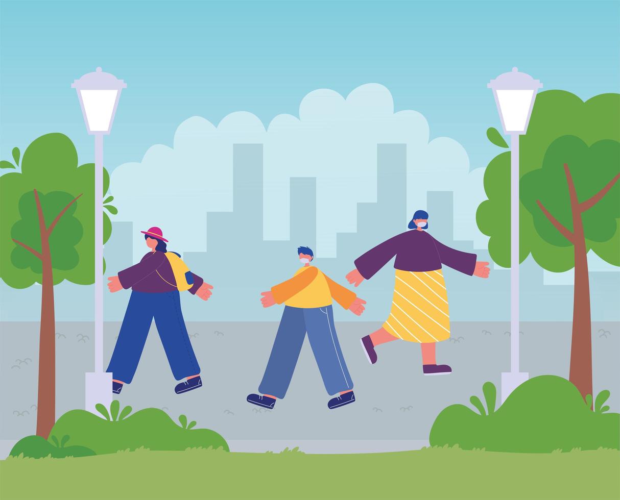 people with medical mask walking in urban park vector