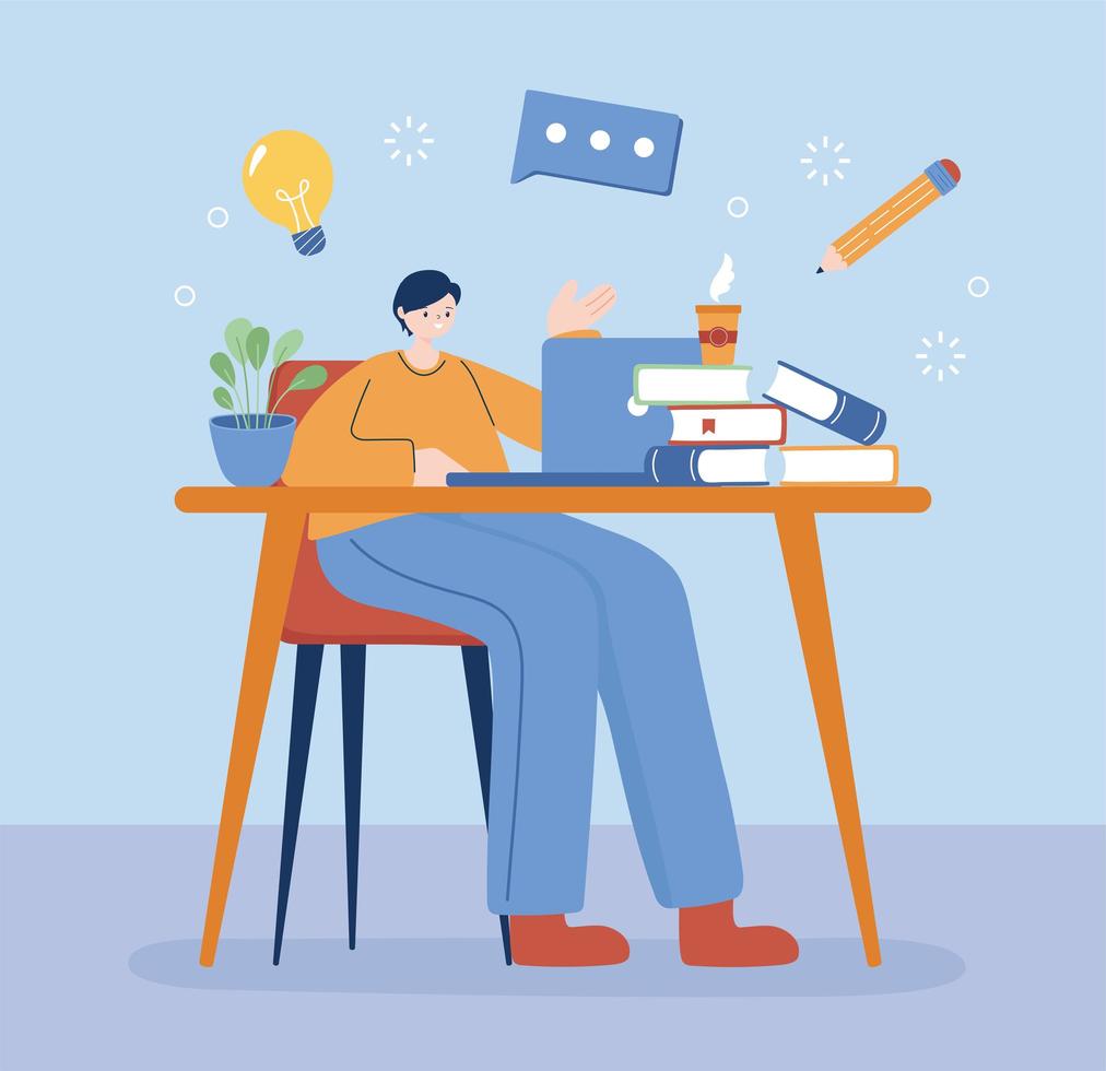 Man with laptop and books on desk vector design