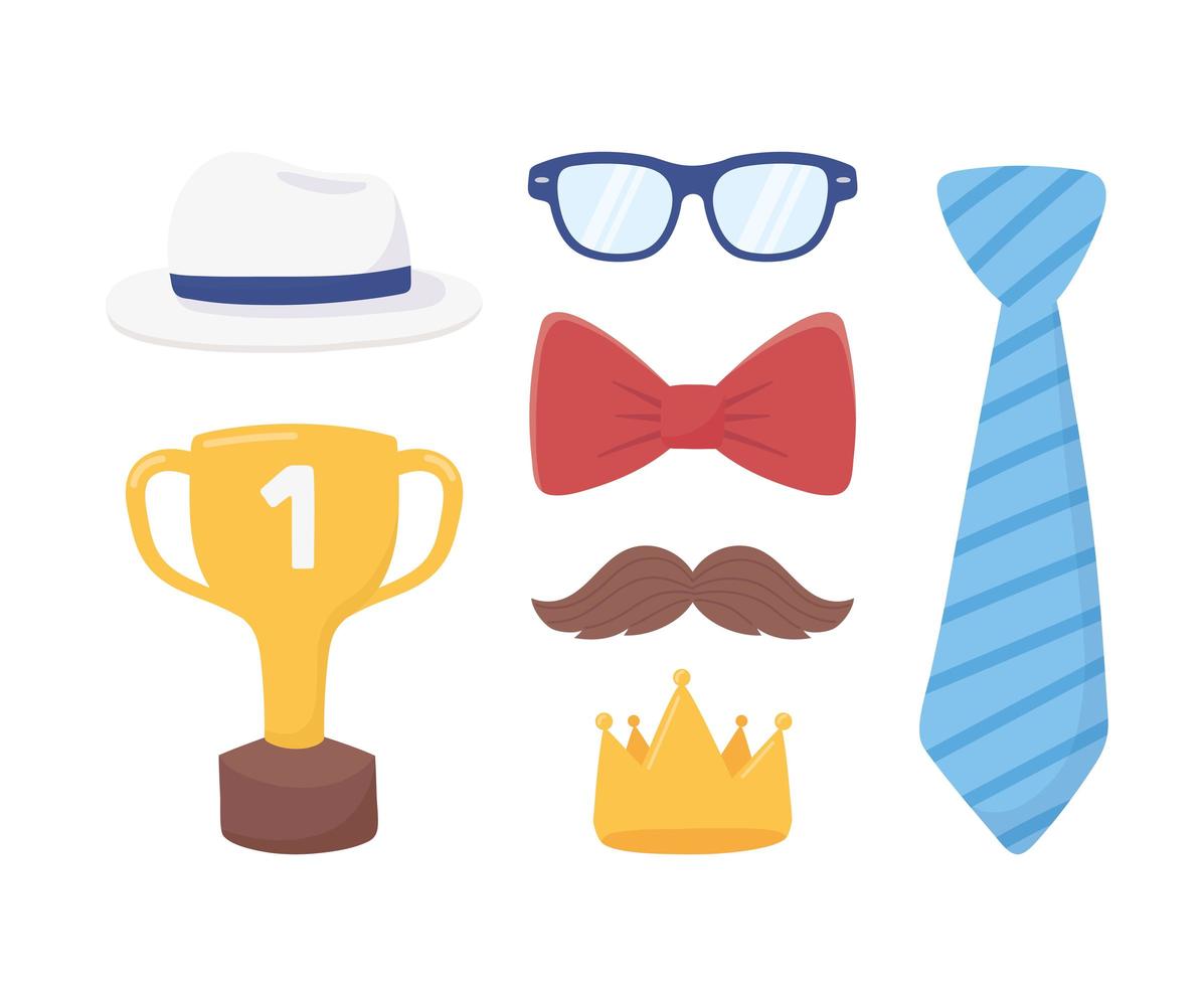 happy fathers day, necktie gold crown moustache glasses bow tie hat vector